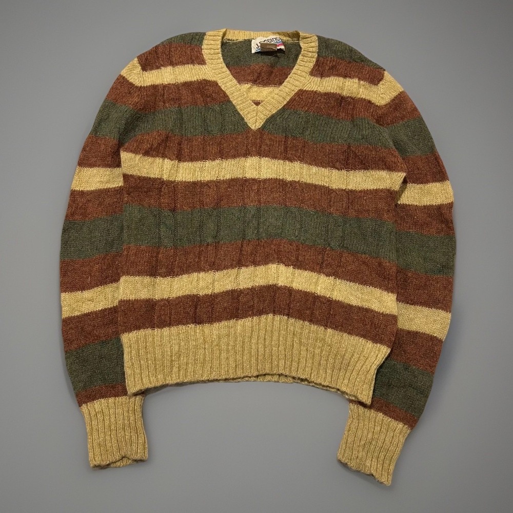 VTG J. Riggings Mens Multicolor Striped Shetland Wool V-Neck Cottage Sweater L